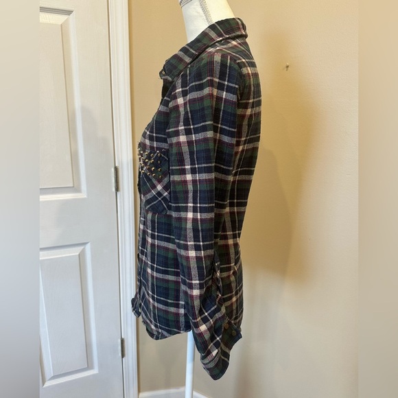 Moon Collection Studded Plaid Flannel Button Down Shirt Girls Size Large 14-16 - Picture 5 of 7